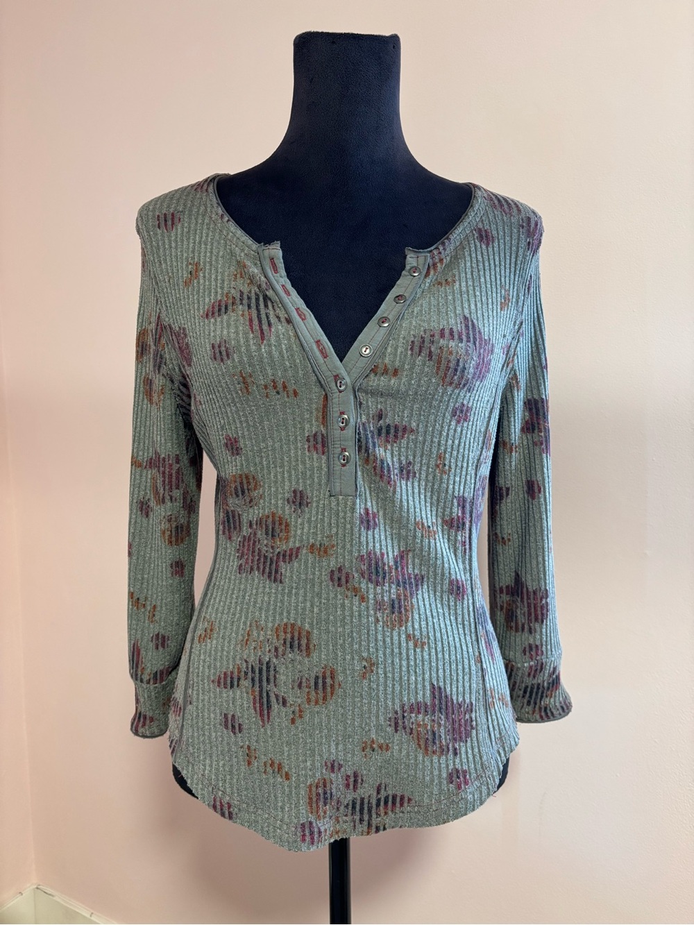 free people dark gray floral henley long sleeve